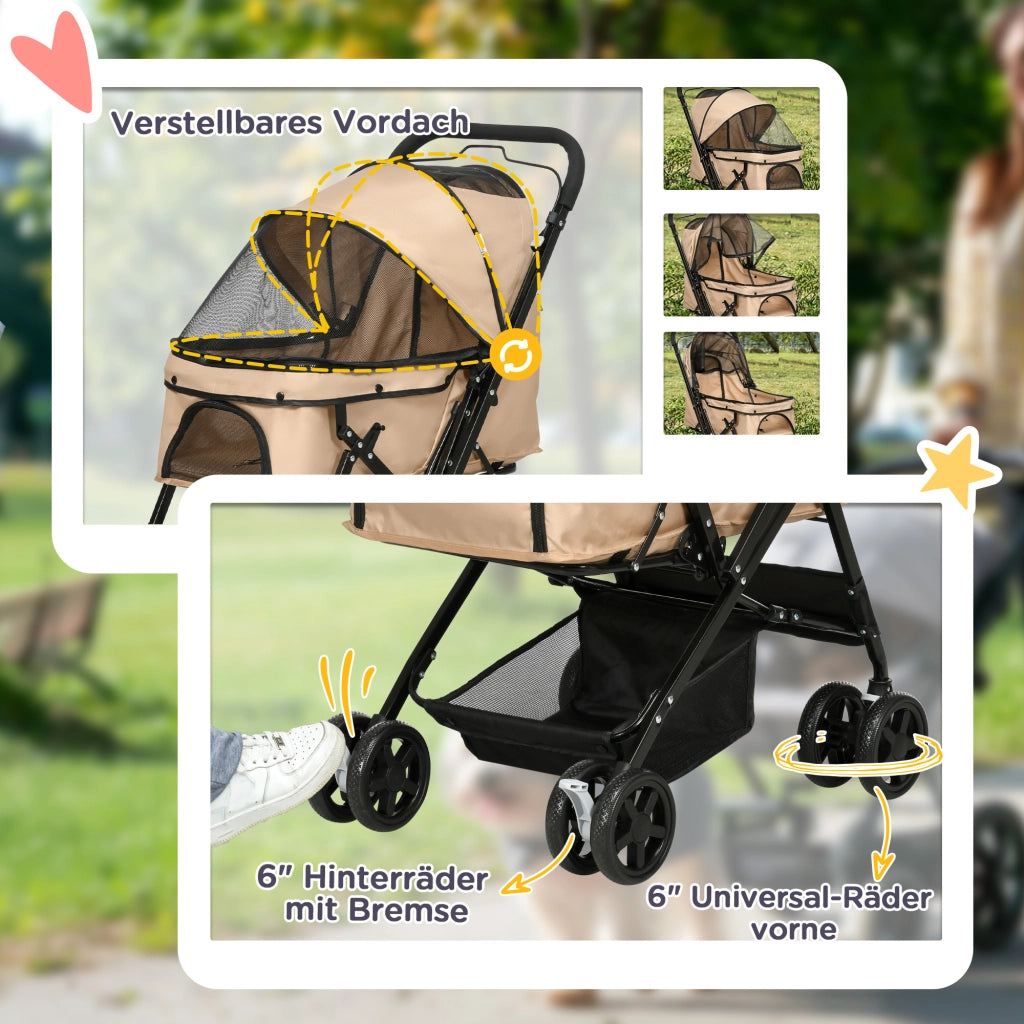 Carrello pieghevole con cesta ampia, finestre in mesh e freni posteriori, poliestere marrone 76,5 × 52 × 95 cm