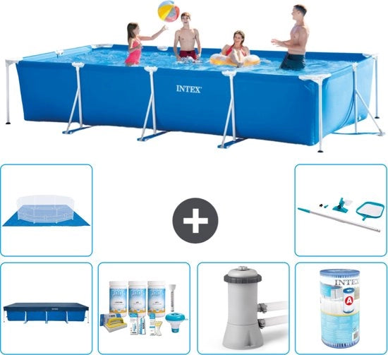 Piscina Reclinata a Forma Rettilinea - 450 x 220 x 84 cm - Blu - Inclusa Copertura - Kit Manutenzione - Pompafiltro per Piscine - Filtro - Copertura del Fondo - Kit di Pulizia