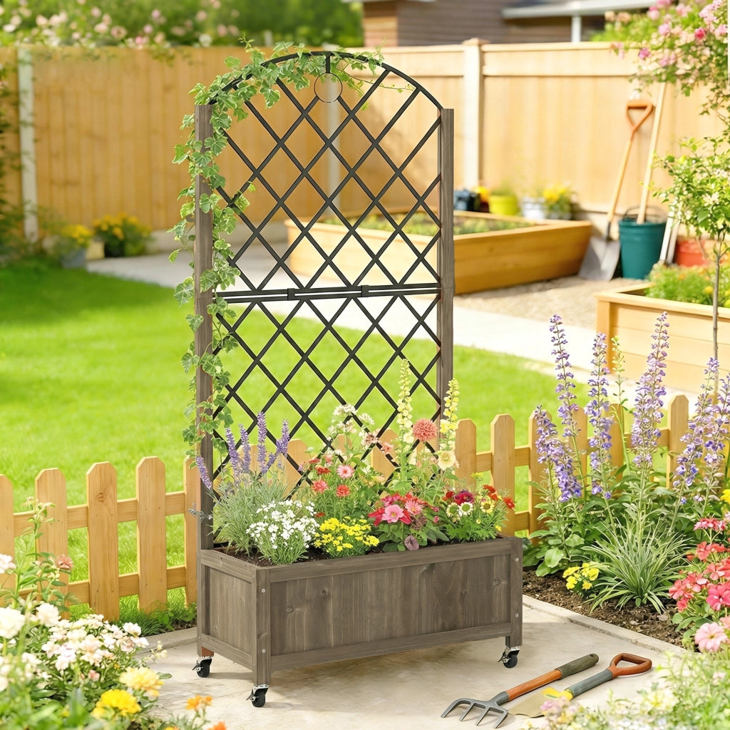 Jardiniere con griglia in acciaio, fioriera su ruote in legno ¨C zephmum ¨C 72x36x168 cm, Finitura Carbonizzata