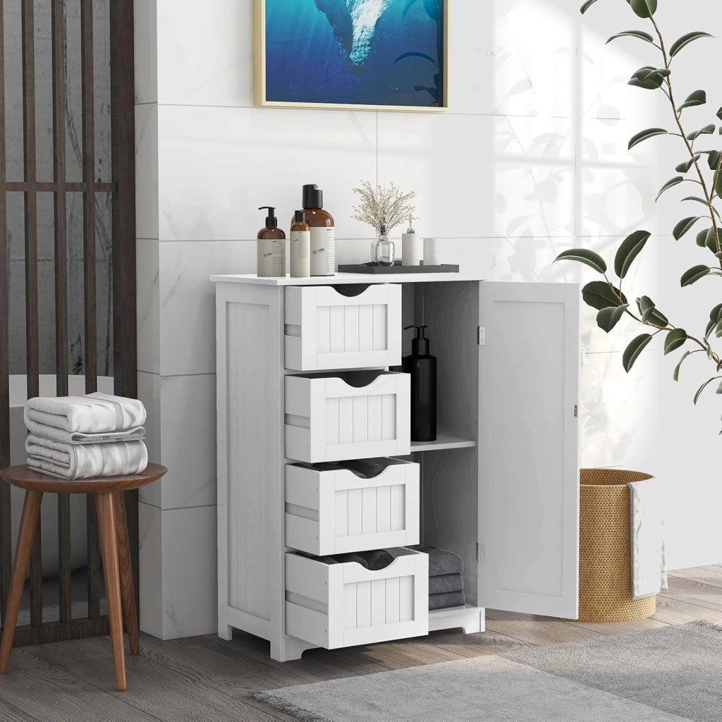 Armadietto portaoggetti con ripiano regolabile, armadio da bagno con 4 cassetti e 1 anta, 56 x 30 x 82 cm, con chiusura ribaltabile, per soggiorno, cucina (bianco), SE09884MTDE