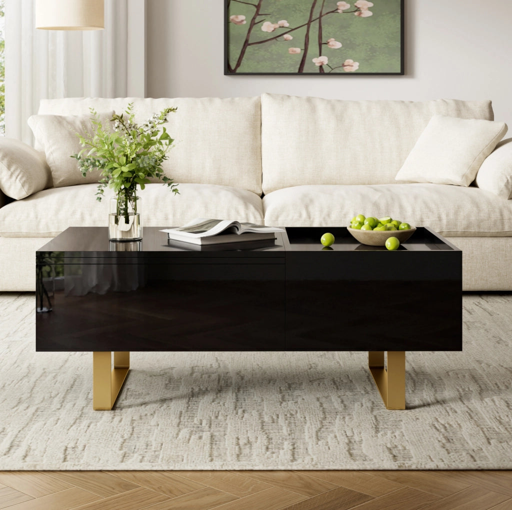 Tavolino da caffè rettangolare con piano alzabile idraulico e cassetto; 100x50x54;5 cm; MDF nero lucido