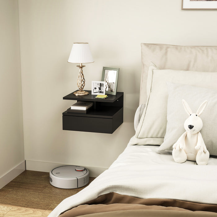 Comodino Sospeso per Camera da Letto 35x32x22,5 cm con Cassetto in Legno Nero