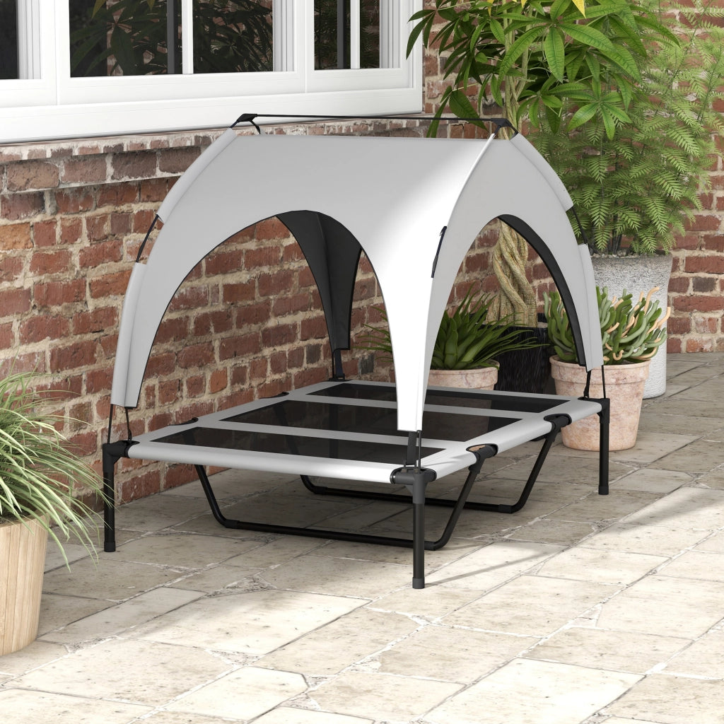 Cuccia rialzata per cani con tetto, rete traspirante, tela Oxford e struttura in acciaio, grigio chiaro 106 × 76 × 94 cm