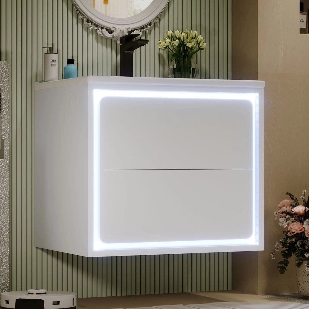 Armadio da bagno sospeso - Xylo - 60 x 46 x 50 cm - Bianco - LED radar, due cassetti, lavabo integrato