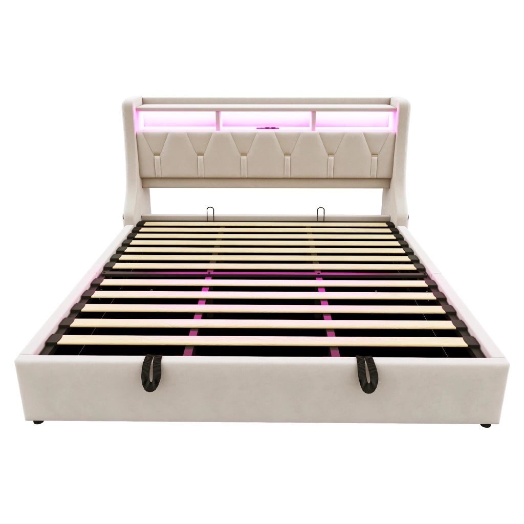 Letto imbottito 180x200 cm con testiera ribaltabile, luci LED, prese USB e Type-C, contenitore idraulico, velluto beige