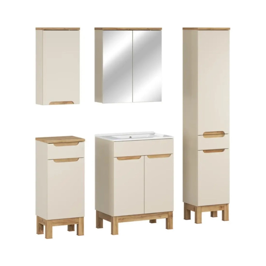 Set ERMANO cashmere 130cm: mobile sotto lavabo + lavabo incassato + mobili sospesi e da appoggio + specchi