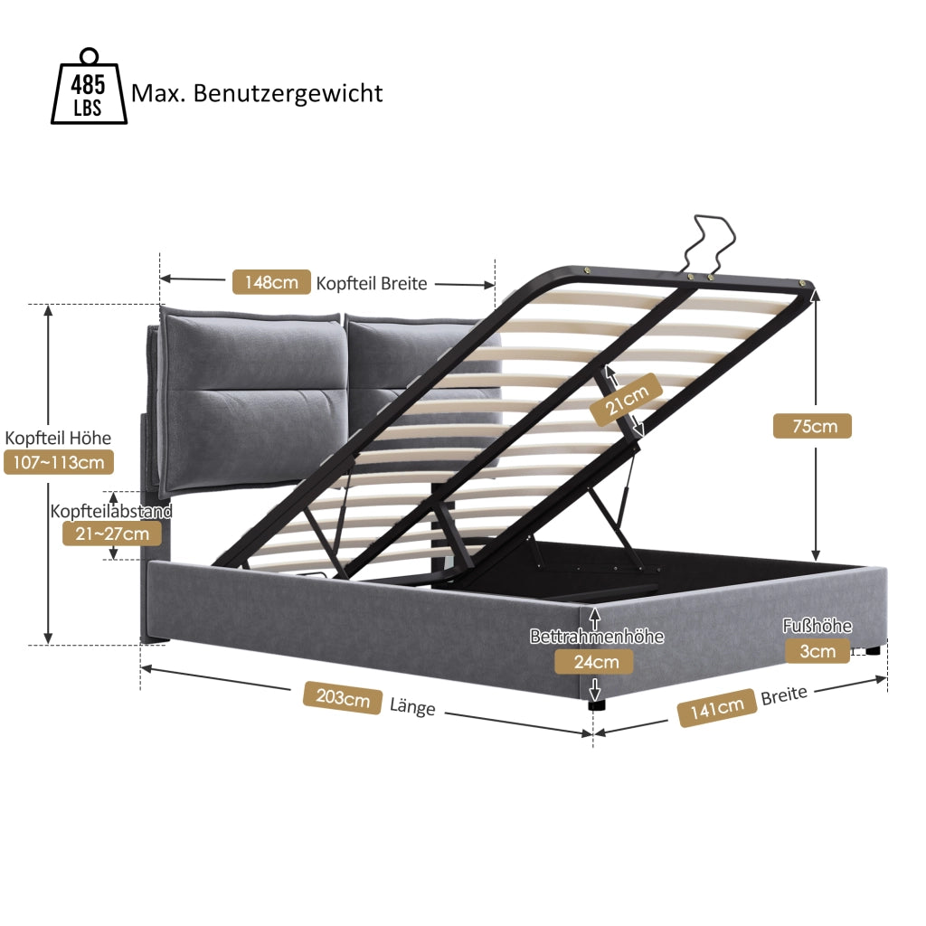 Letto Contenitore 140×200 cm; Letto Matrimoniale con Testiera Regolabile e Vano; senza Materasso; Velluto Grigio