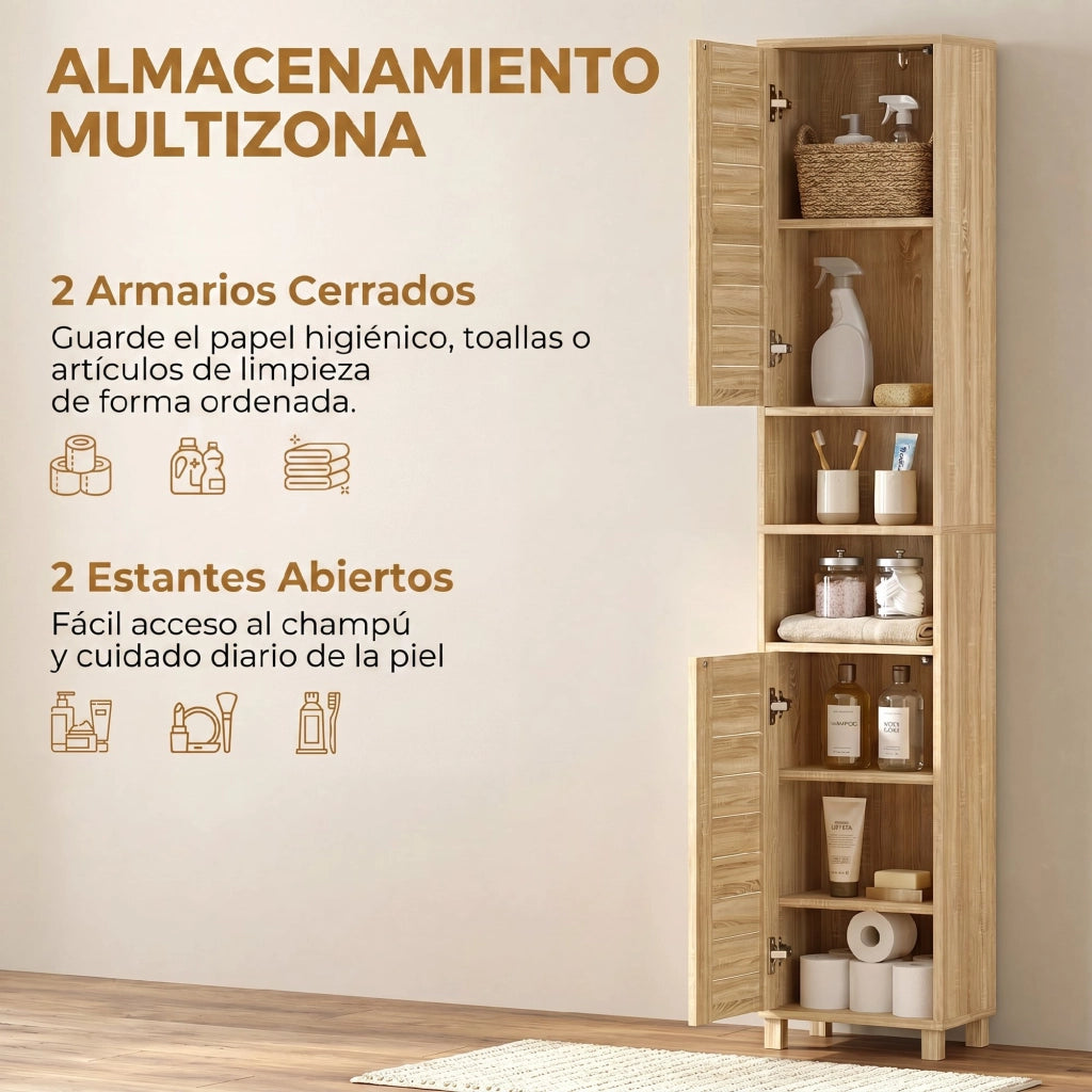 Armadietto Bagno Alto con Ripiani Regolabili ¨C Zephmum ¨C 34x23x170 cm Legno Naturale