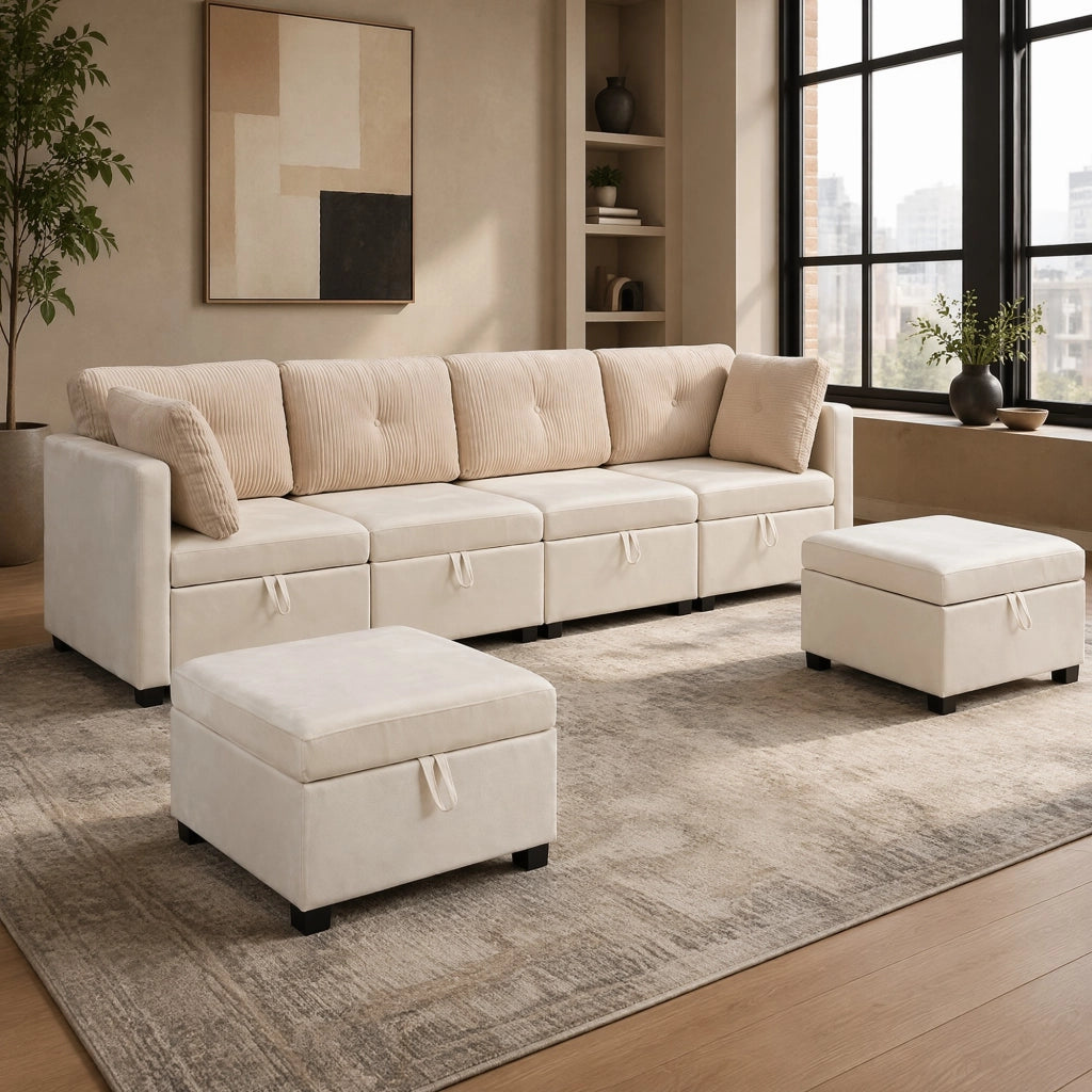 Divano panoramico modulare a U beige in velluto con contenitori e 6 cuscini in velluto a coste