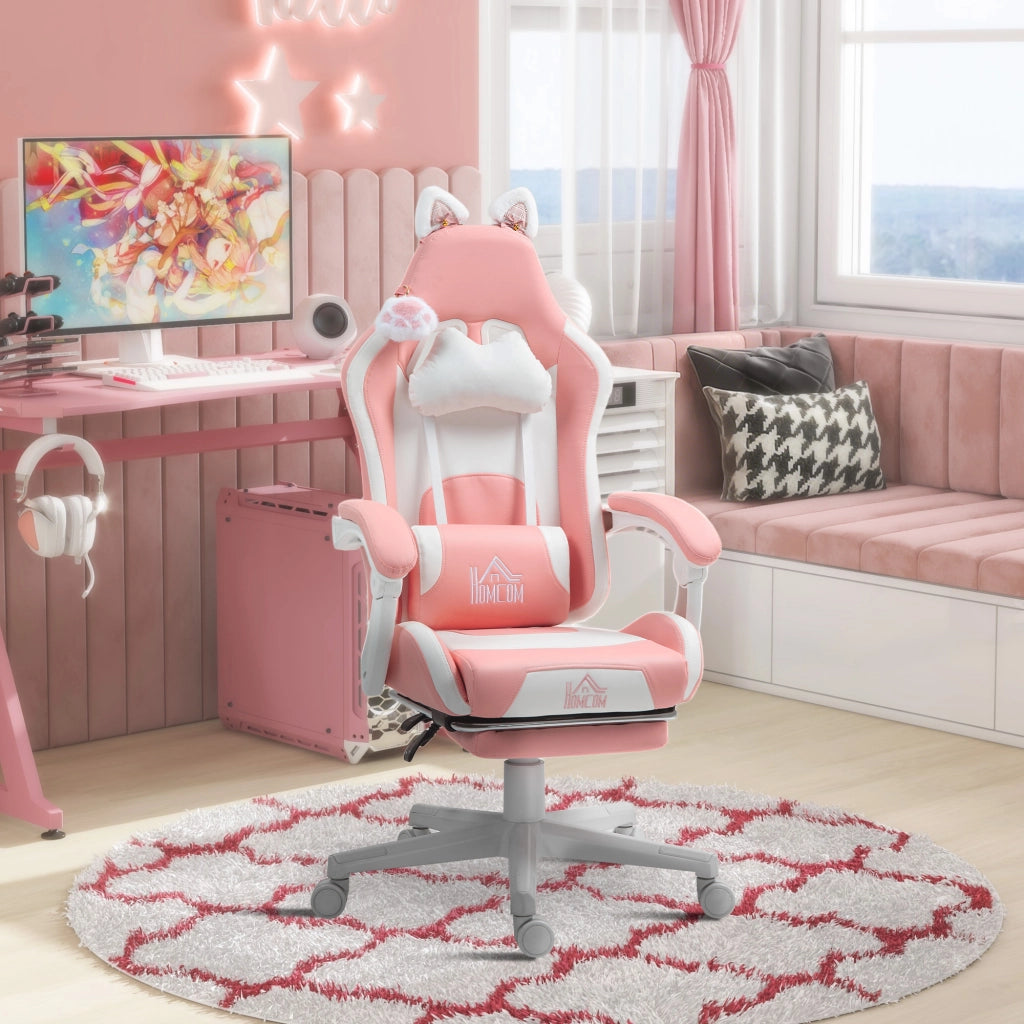 Sedia da Gaming Ergonomica con Orecchie da Gatto, Poggiapiedi, Supporto Lombare e Cervicale, Rosa