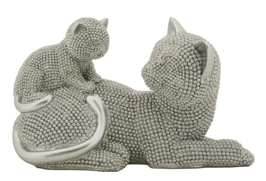 Decorazione Gatto Sparky con Cucciolo 19x9x13 cm in Resina Argento