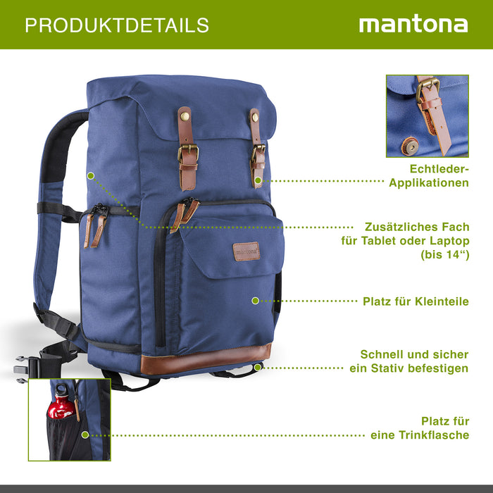 Mantona Luis Retro Zaino fotografico blu, per fotocamera con copertura antipioggia, borsa fotografica con scomparto per laptop, DSLR, 3 obiettivi e accessori fotografici