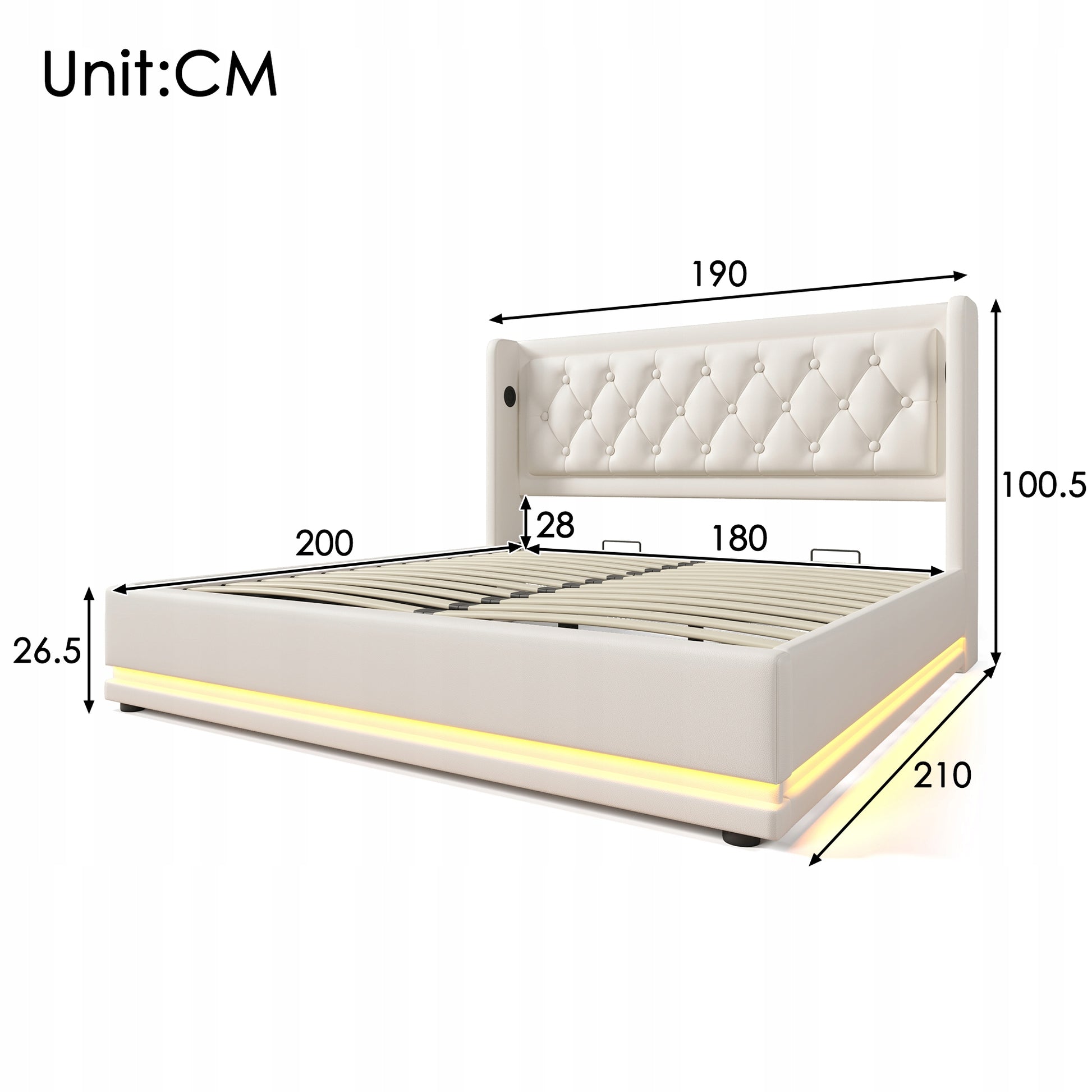 Letto imbottito 180x200 bianco - Xylo - Base idraulica LED USB-C