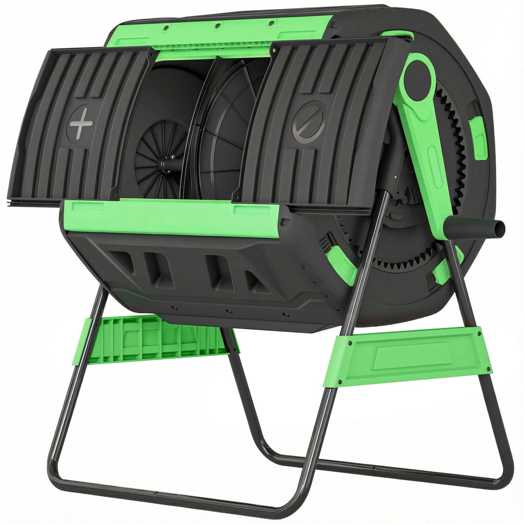 Compostiera Domestica 200L a Doppia Camera con 8 Prese D'Aria, in PP e Metallo, 94x67x98 cm, Verde e Nero