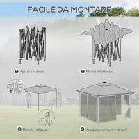 Gazebo da Giardino ad Altezza Regolabile con Luci LED, in Acciaio e tessuto Oxford, 336x336x250-270 cm, Grigio