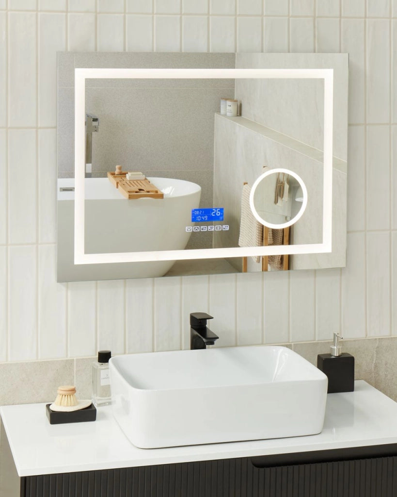 Specchio da bagno illuminato a LED rettangolare 60 x 80 cm Glamour con altoparlante Bluetooth Lente di ingrandimento