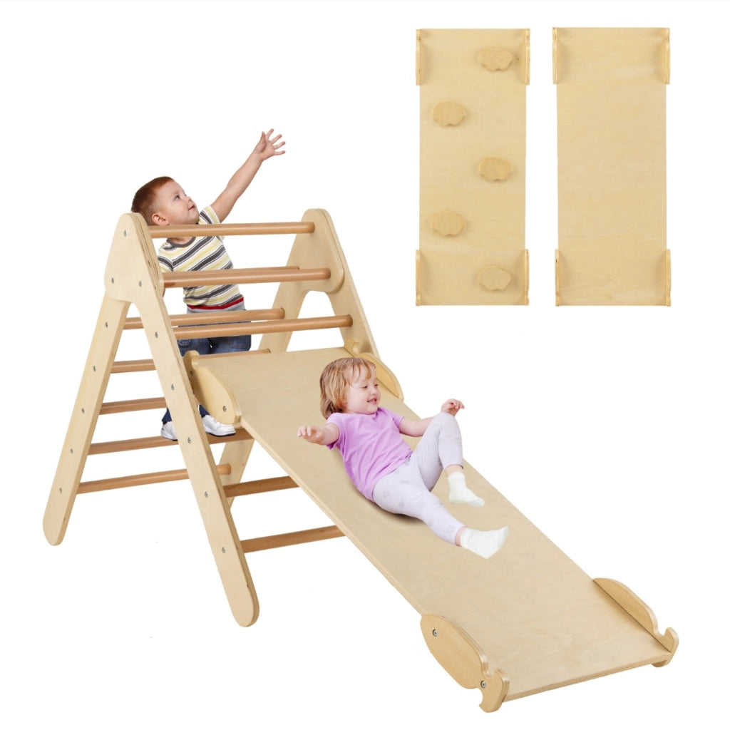Arrampicata giocattolo a triangolo per bambini 3-in-1, Arrampicatore con rampa di scivolo a 2 lati Naturale-Giocattoli educativi