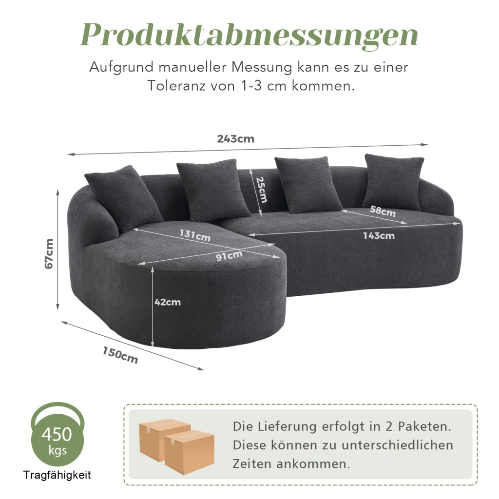 Divano angolare modulare curvo con chaise longue sinistra in chenille senza montaggio grigio scuro 243 × 150 × 67 cm