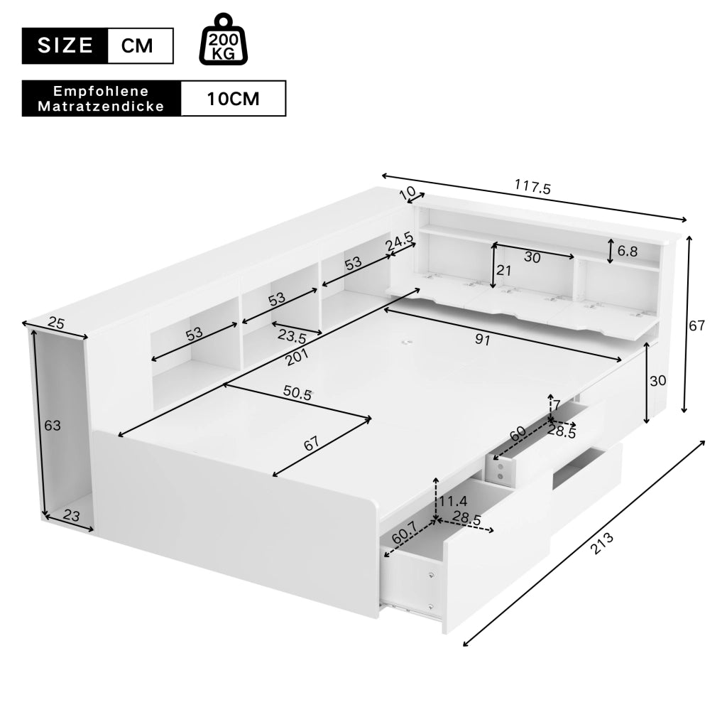 Letto per bambini 90x200 cm in MDF bianco con cassetti e vani portaoggetti; senza materasso