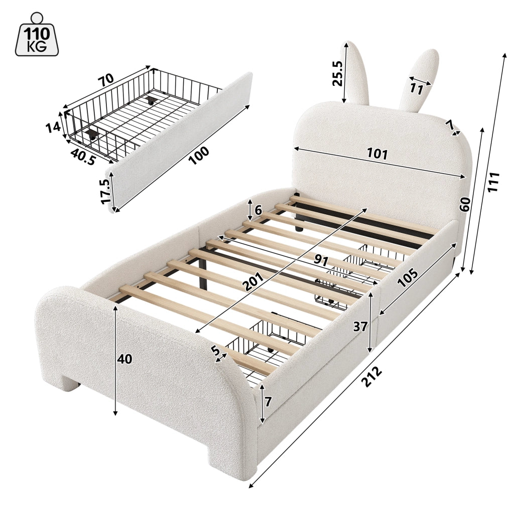 DESMIU Letto per Bambini 1 Posto con 2 Cassetti e Testiera Coniglio 90 × 200 cm, senza materasso, in Peluche e MDF, Bianco