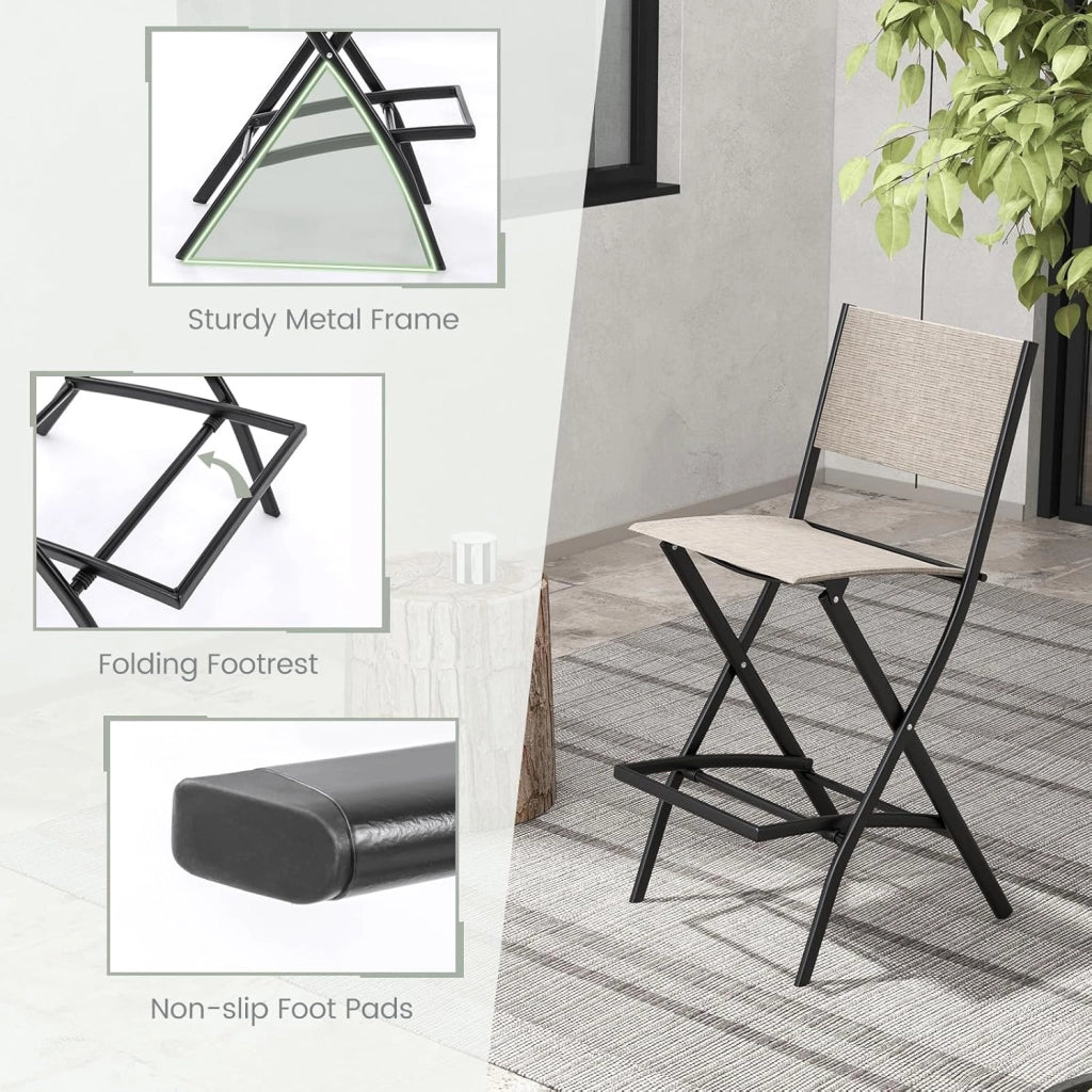 2 Sedie da Bar Pieghevoli, con Schienale e Poggiapiedi, Telaio Metallico Resistente e Tessuto Traspirante, Ideali per Terrazza e Uso Domestico