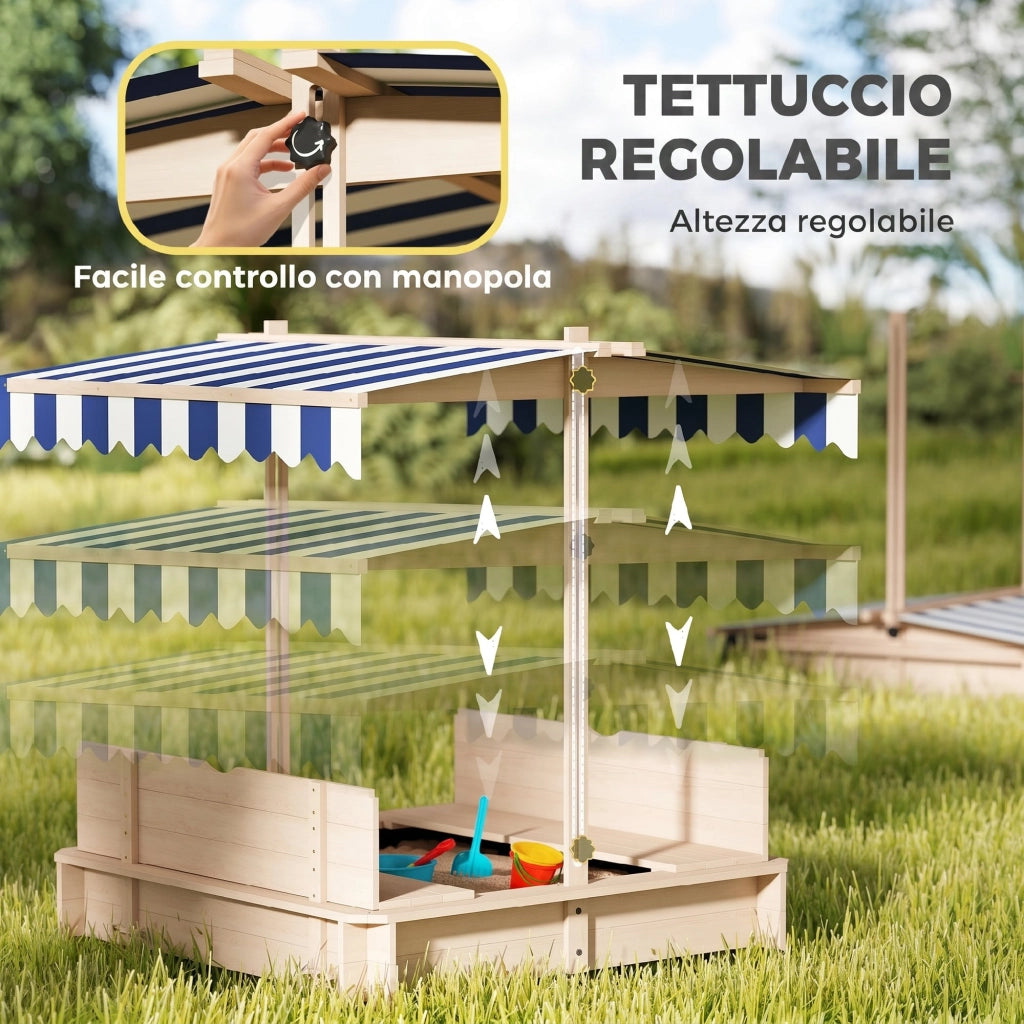 Sabbiera per Bambini in Legno con Tettuccio e Panca ¨C zephmum ¨C 106x106x115 cm Bianco e Blu