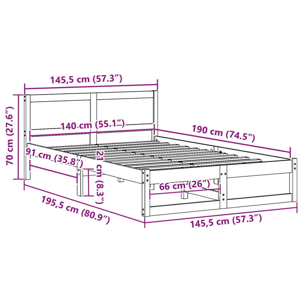 Letto Naturale Legno massello di pino 140 x 190 cm Letto
