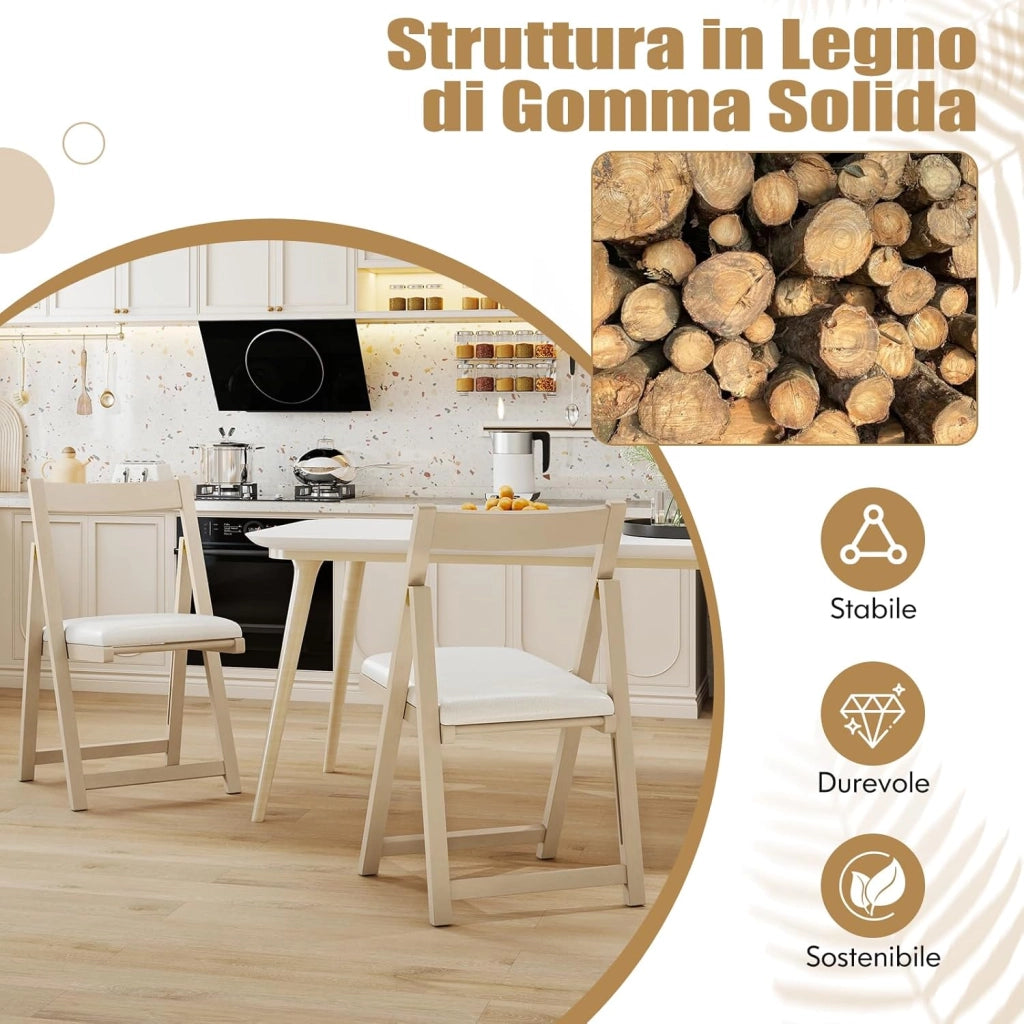 Set di 2 Sedie Pieghevole, Sedie da Pranzo in Legno di Gomma con Schienale Curvo e Seduta Imbottita, Portata 150 kg, Sedie Ergonomiche per Cucina, Soggiorno, Matrimonio e Ristorante (Beige)