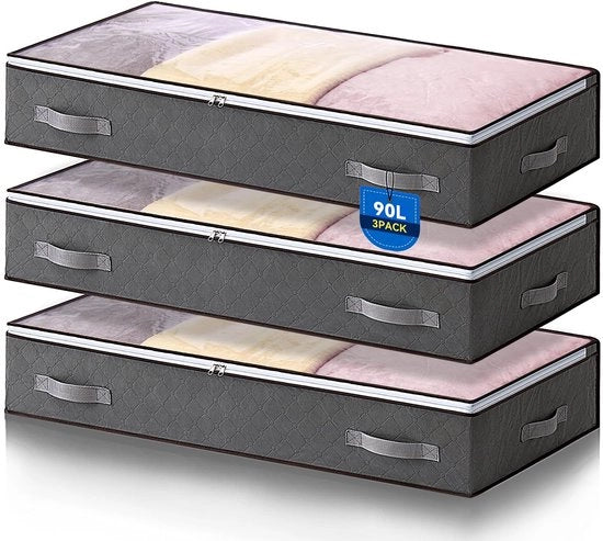 Compartimento sotto il letto con contenitore per 3 elementi 90 l - Cassettiera pieghevole - Spazievoluta - Pannelli in composito a 3 strati - Chiusura a zip robusta