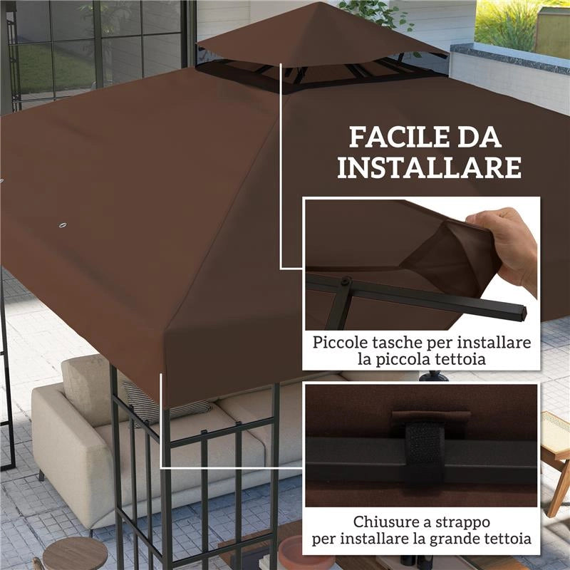 COPERTURA PER GAZEBO DA GIARDINO 3X3M UPF30+ A 2 LIVELLI IN POLIESTERE COLOR CAFFÈ