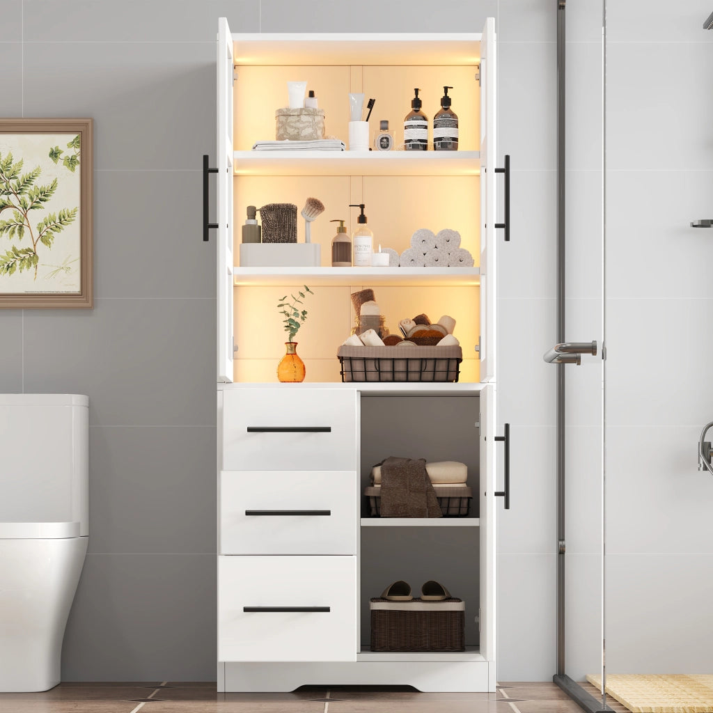 Armadietto da bagno con LED 3 cassetti 3 ante e ripiani regolabili per bagno e soggiorno bianco 72 × 35 × 170 cm