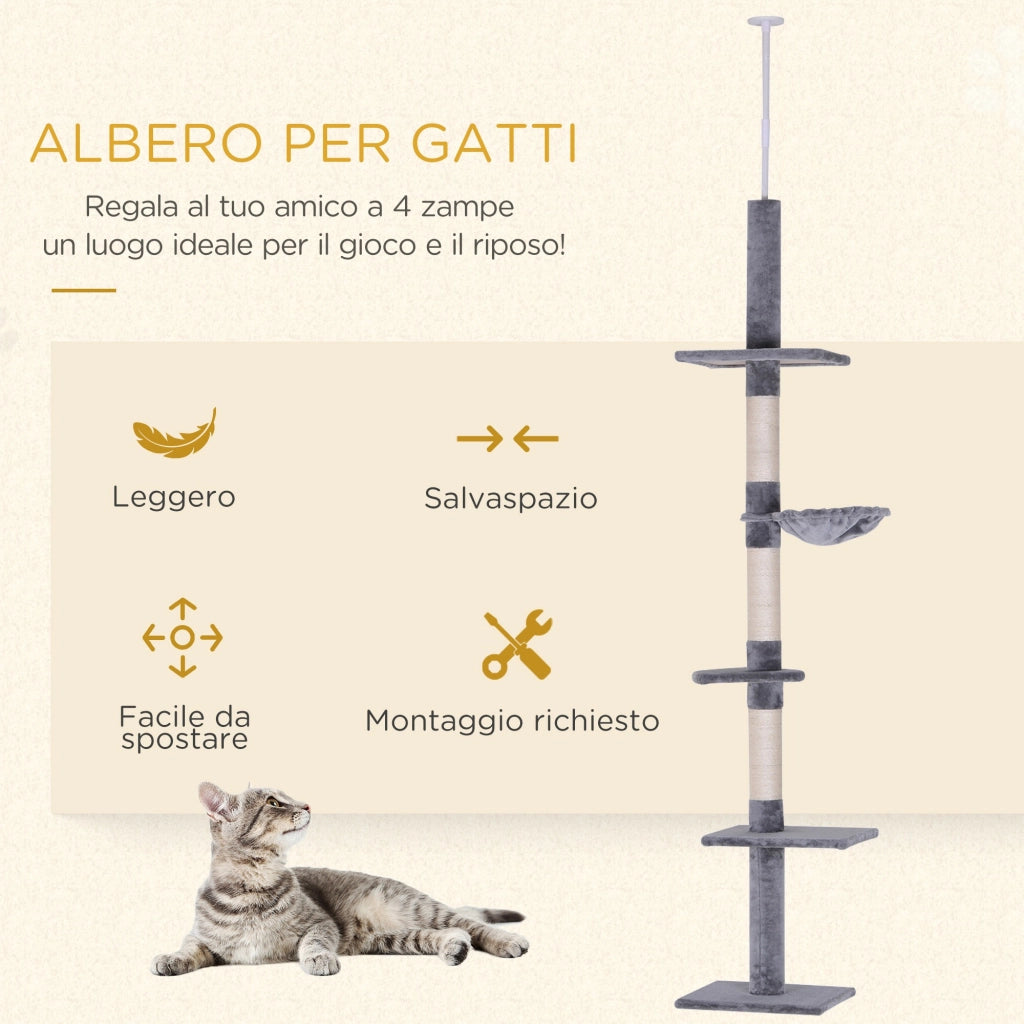 Albero Tiragraffi per Gatti a 4 Livelli Regolabile ¨C zephmum ¨C Grigio 40x34x230-260 cm