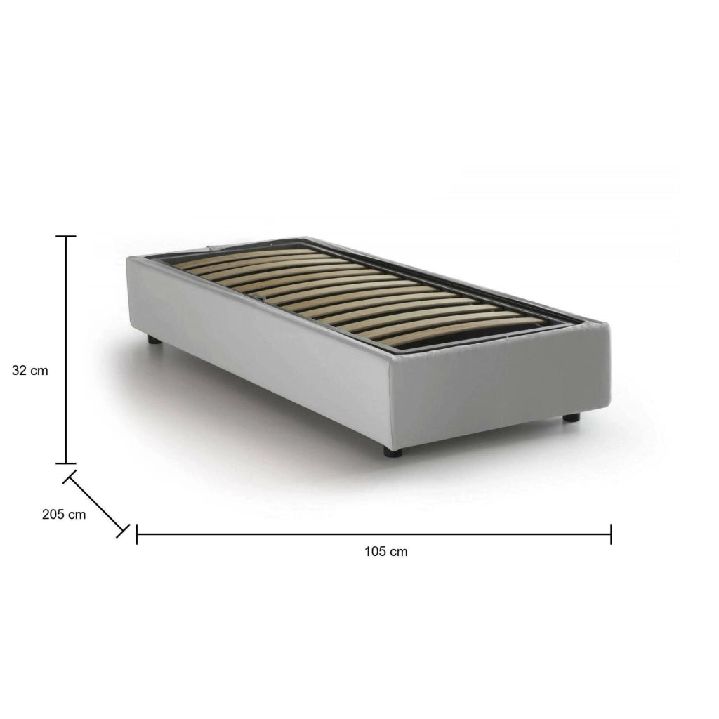 Letto singolo Angelina, Letto contenitore con rivestimento in ecopelle, Made in Italy, Apertura frontale, adatto per materasso cm 90x190, Bianco
