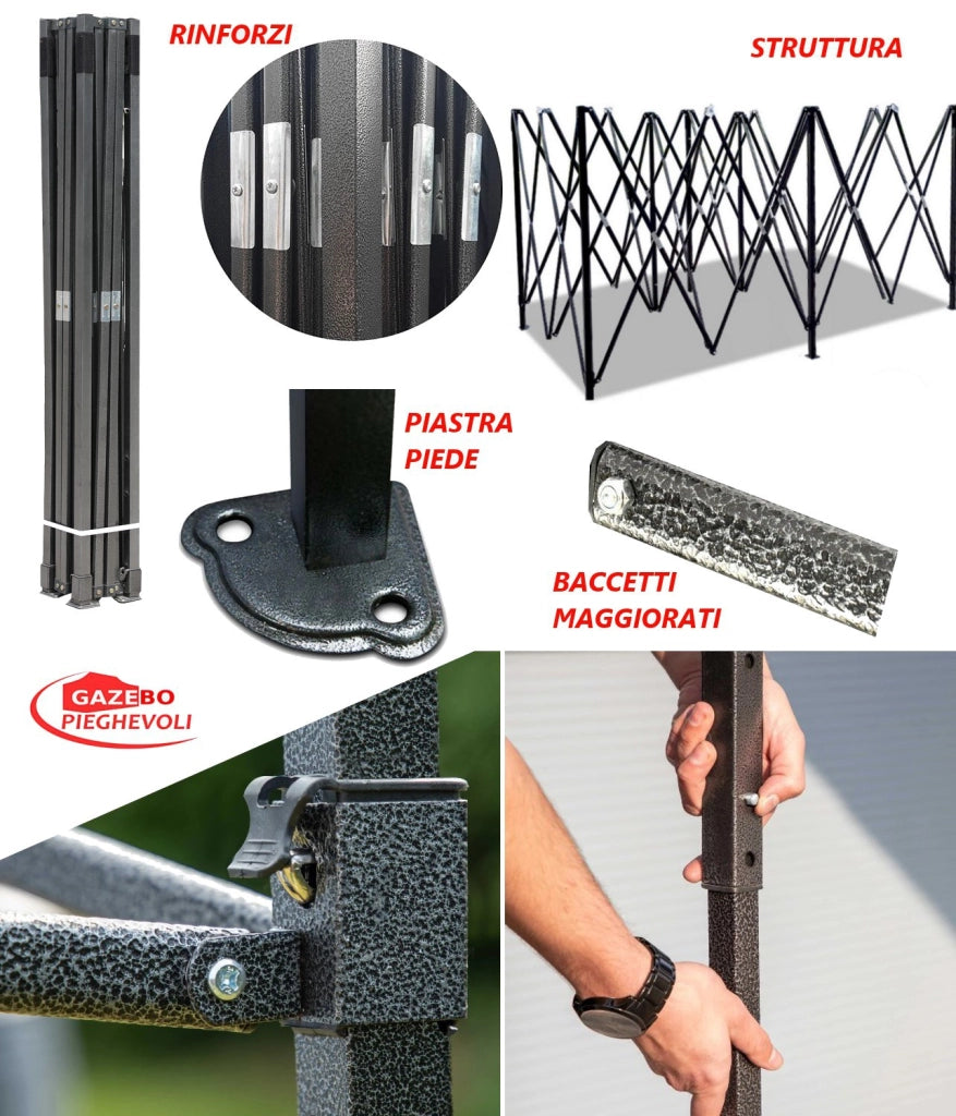 Gazebo 3x6 m nero pieghevole portatile estendibile richiudibile estensibile acciaio con laterali per fiere eventi stand chiosco tenda tendone mercato mercatino  