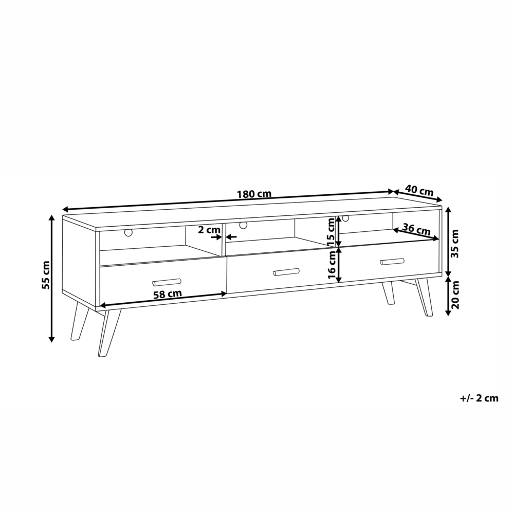 Mobile TV bianco con legno chiaro 55 x 180 x 40 cm con ripiani e cassetti