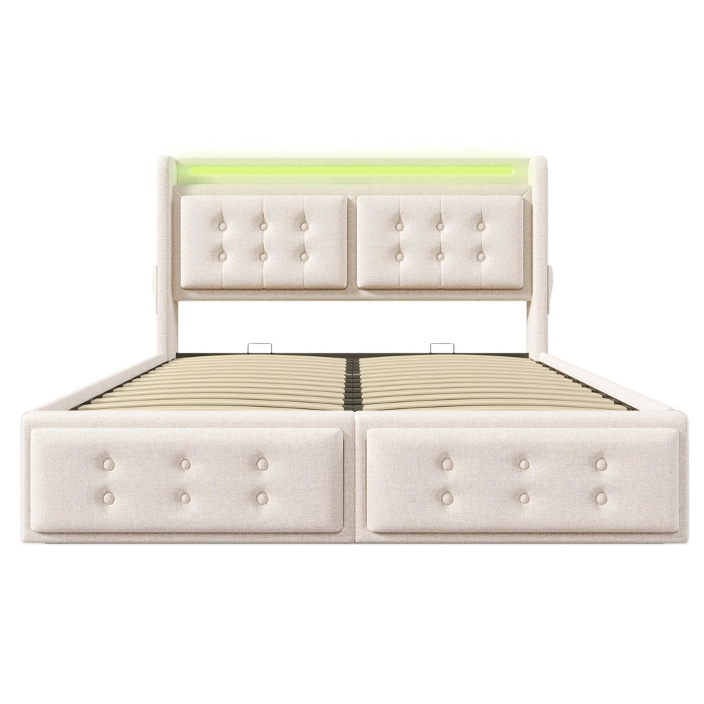 Letto Imbottito Matrimoniale con Testiera LED e USB ¨C MINIMAL ¨C Contenitore Idraulico, Beige, 180x200