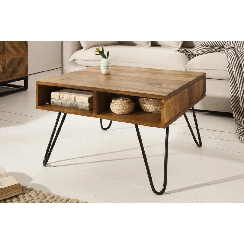 Tavolino SILVA 60 cm in legno di Sheesham massiccio e metallo nero – 2 vani