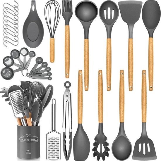 Set di Cucina da 34 pezzi - Cucina in Silicone Resistente al Calore con Manici in Acciaio Inossidabile
