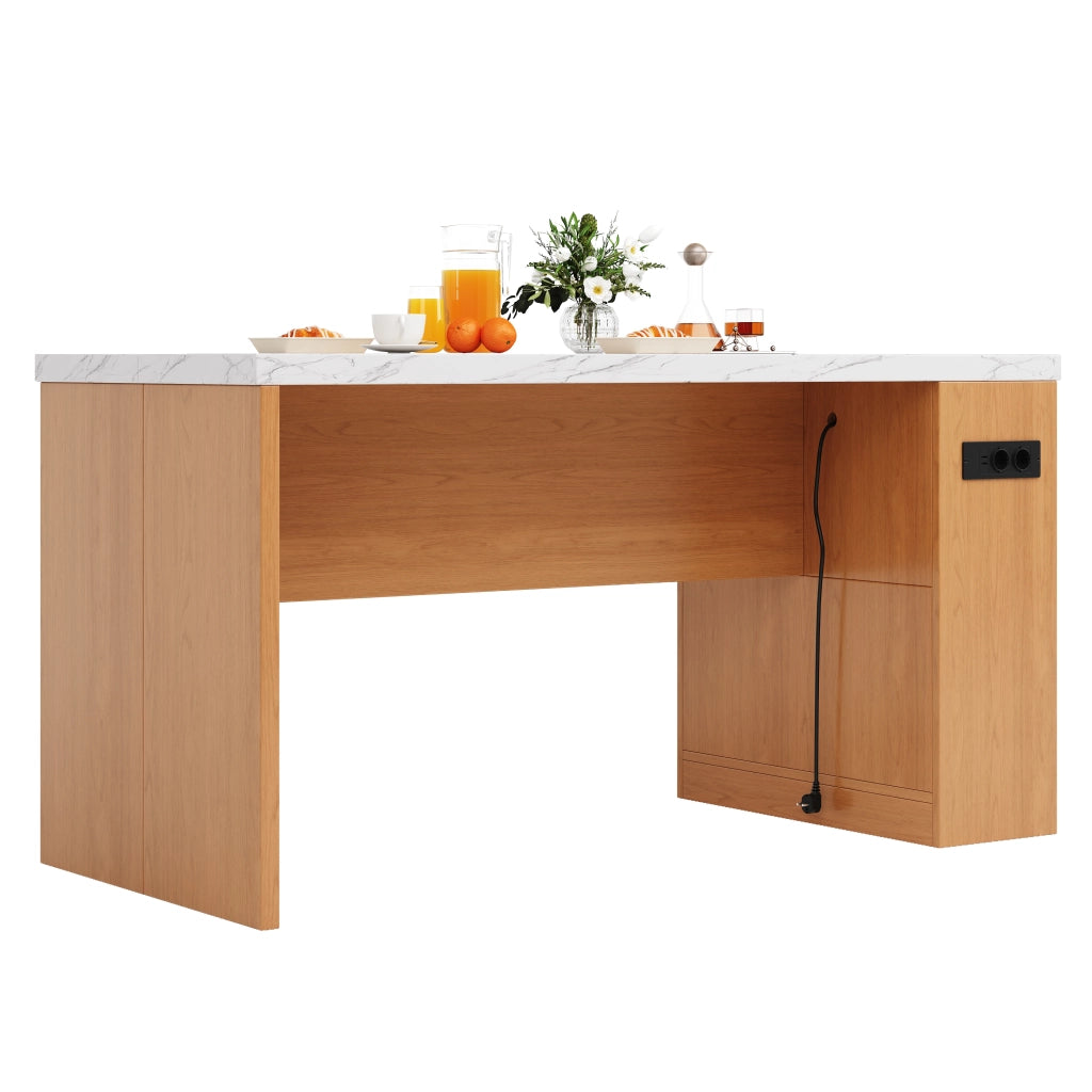 Isola cucina moderna 155x80x90 cm con LED, prese AC+USB, piano spesso 40 mm, MDF naturale/bianco