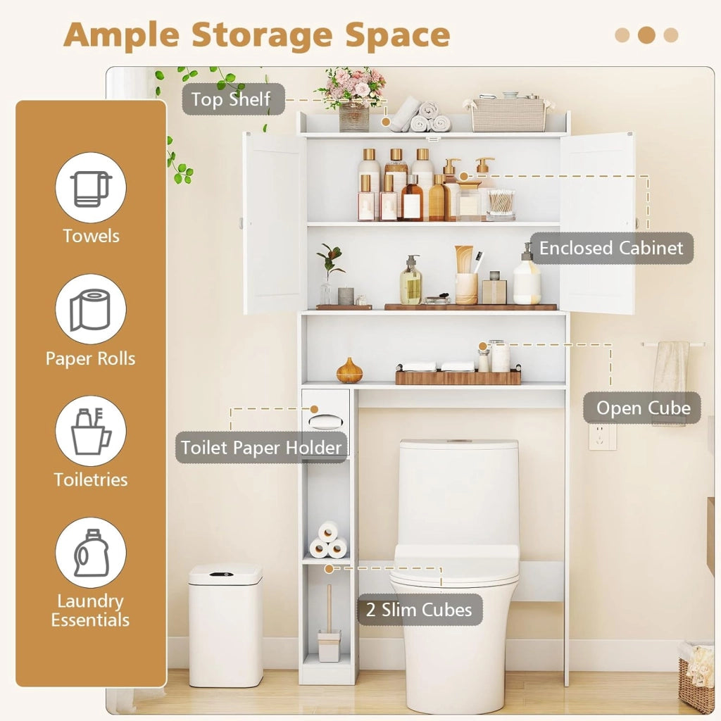 Armadietto per WC da bagno, con 2 ante a battente, ripiani regolabili e scomparti per carta igienica, salvaspazio per WC sopra WC, 81,5 x 19,5 x 172,5 cm (bianco)