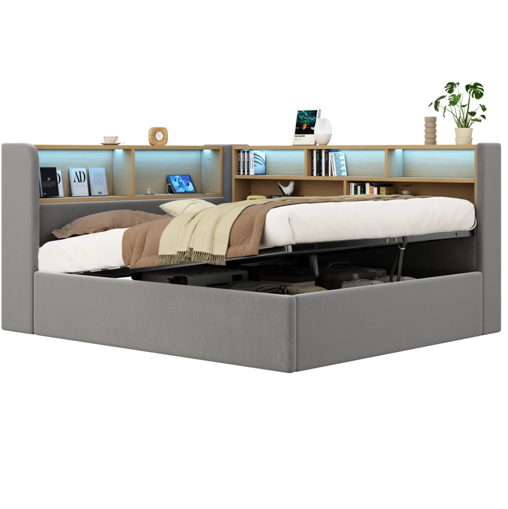 LETTO con contenitore idraulico LED USB e Type-C in velluto grigio