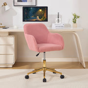 Sedia da ufficio girevole con altezza regolabile, base dorata e ruote, in Teddy, Rosa