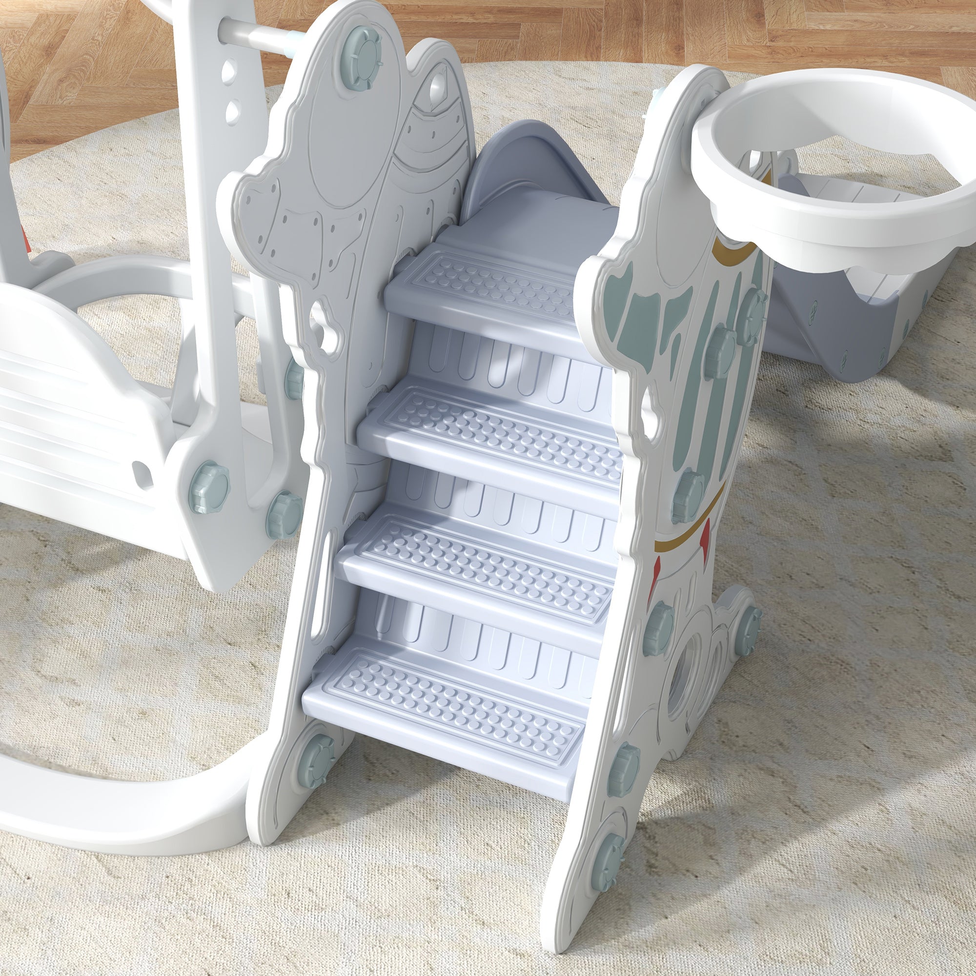 Scivolo per Bambini 150x185x92 cm, con Altalena e Canestro Bianco e Grigio