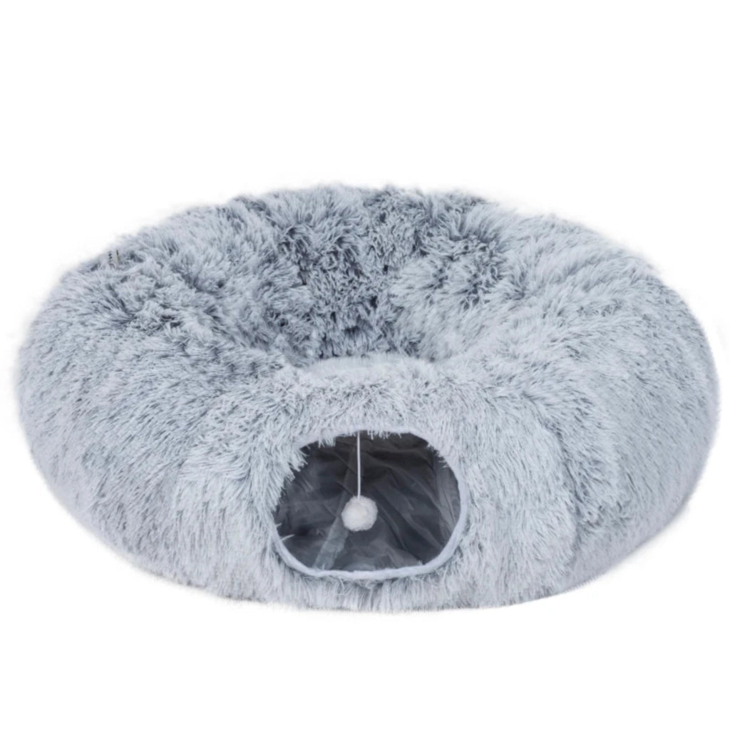 Tunnel per gatti da interno combinato con cuccia a forma di ciambella e cuscino rotondo rimovibile e lavabile.