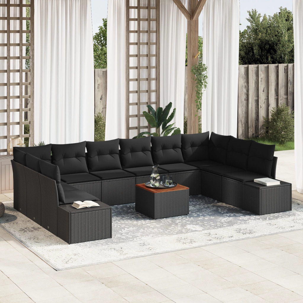 Set Divano da Giardino in 11 Pezzi con Cuscini Nero Polyrattan Acacia