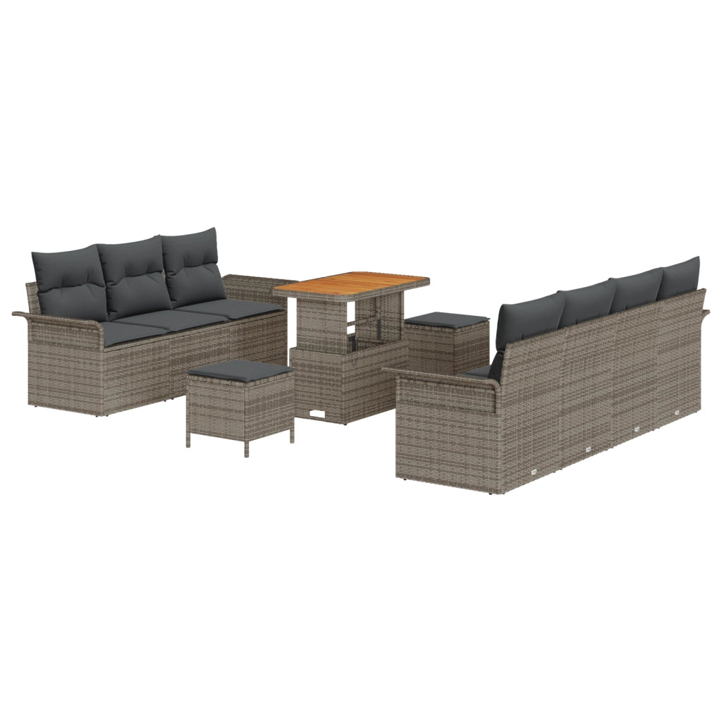 Set divano da giardino da 10 pezzi con cuscini grigio polyrattan acacia