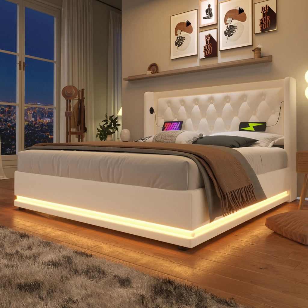 LETTO matrimoniale 140x200 cm in PU bianco con materasso e LED