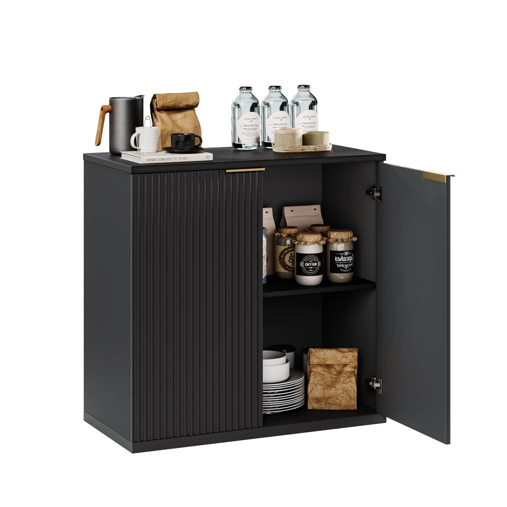 Credenza a 2 ante con ripiani e vano aperto; per soggiorno; in MDF; 80×40×80 cm; nera