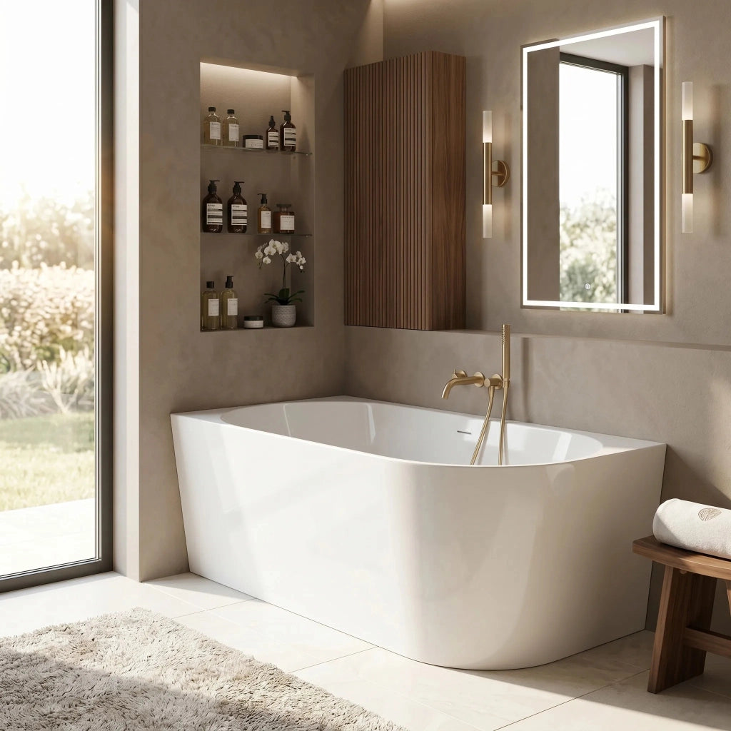 Vasca Da Bagno Angolare In Acrilico Rea Bellanto Slim 150 Left Copritappo bianco