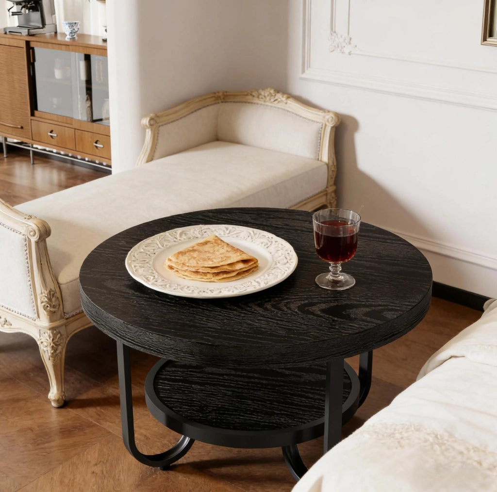 Tavolino da caffè rotondo a 2 livelli in MDF e metallo nero; piano ? 79 cm